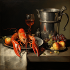 Cooked lobster, lemon, wine glass, vase, and cloth arrangement.