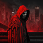 Man in Red Cloak Stands by Candle in Gothic Cityscape