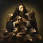 Man with Long Hair Surrounded by Realistic Possums in Classical Portrait Style