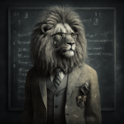 Lion-headed Human in Suit at Chalkboard with Equations