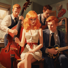 Vintage-style illustration of red-haired female vocalist and band in formal attire playing instruments.