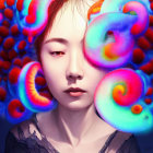 Serene woman portrait with vibrant blue, purple, and red swirls