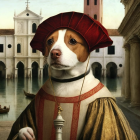 Digitally altered image of a dog in human attire against a palace backdrop