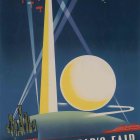 Retro-futuristic space poster with tower, celestial bodies, spacecraft, symbols