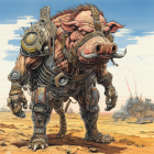 Anthropomorphic pig warrior in armor with sword in desert landscape.