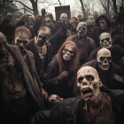 Zombie actors in military attire with gory makeup in misty forest