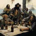 Pirates celebrating with drinks on wooden table by the sea