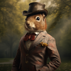 Anthropomorphic squirrel in suit and green hat in forest setting