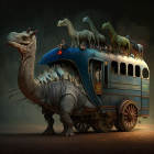 Whimsical artwork: Large dinosaur as city bus with smaller passengers