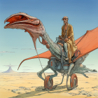 Cowboy riding large dinosaur in desert with flying pterosaurs