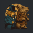 Anthropomorphic corgis in Victorian attire with monocle and walking stick