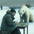 Man in coat playing chess with polar bear in snowy landscape