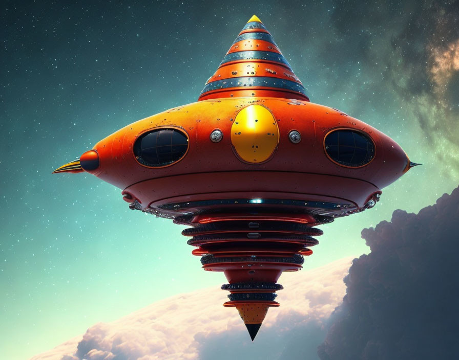 Colorful retro-futuristic spaceship art in starry sky