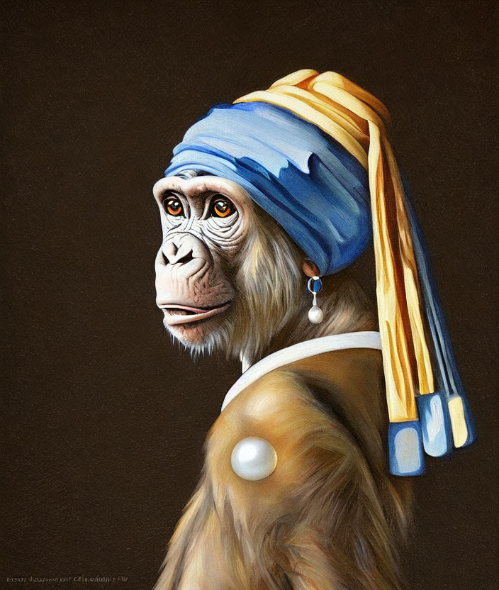 Chimpanzee wearing blue and white turban and earring