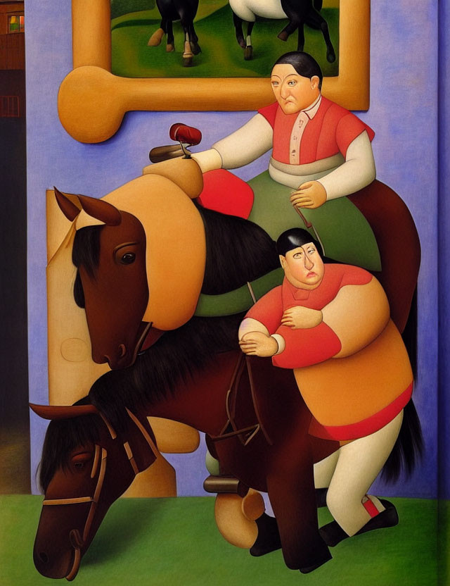 Surreal painting of stout figures in vintage attire on horseback