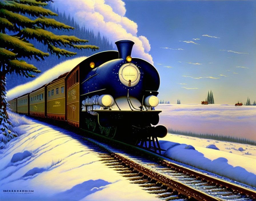 Classic Blue Locomotive Pulling Passenger Carriages in Snowy Landscape