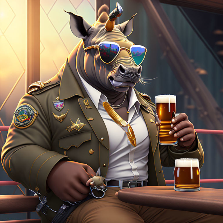 Anthropomorphic bull in sheriff's uniform with sunglasses, cigar, and beer at bar