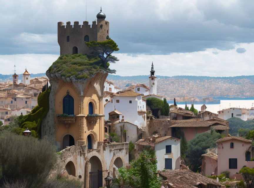 Historical coastal town with terracotta roofs and castle-like structure