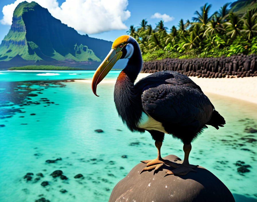 Colorful toucan on rock with tropical beach & mountains