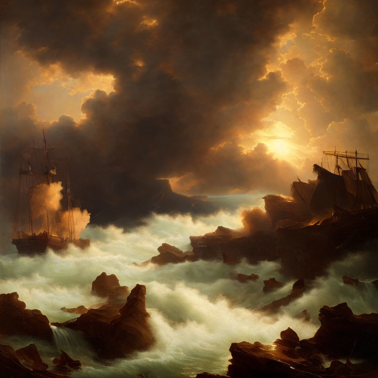 Maritime scene with ships, turbulent seas, rocks, and dramatic sky