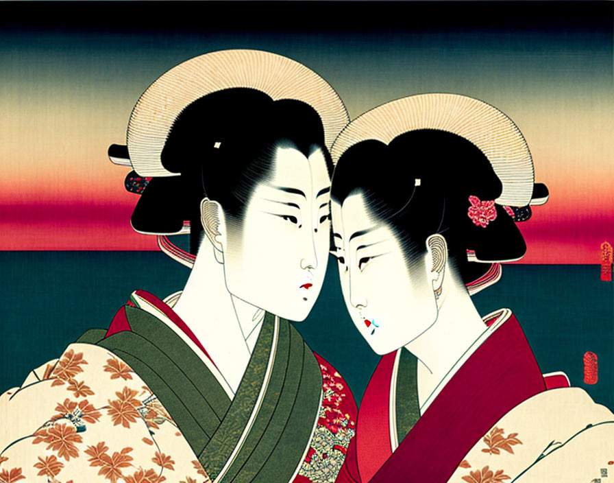 Traditional kimono-clad geishas with elaborate hairstyles against a stylized sunset.