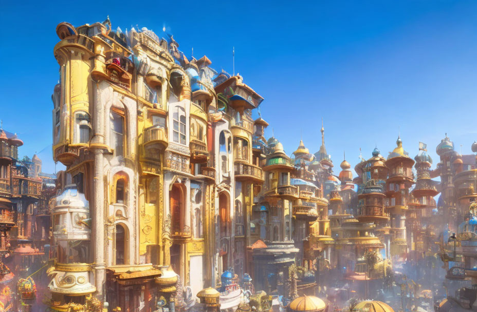 Vibrant fantasy cityscape with golden buildings under sunlit sky