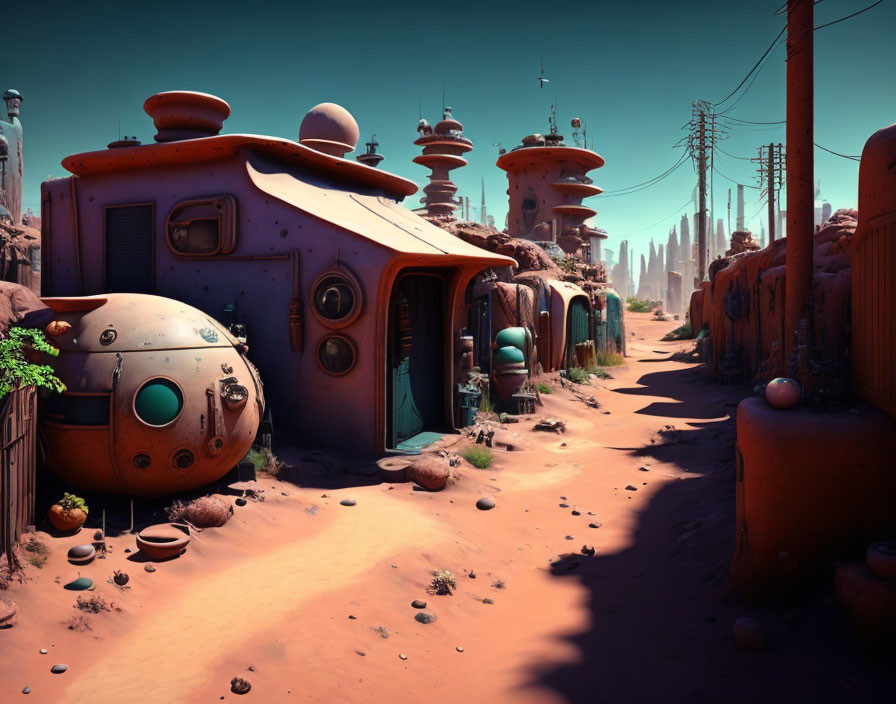 Futuristic desert town with dome-shaped buildings and antennas