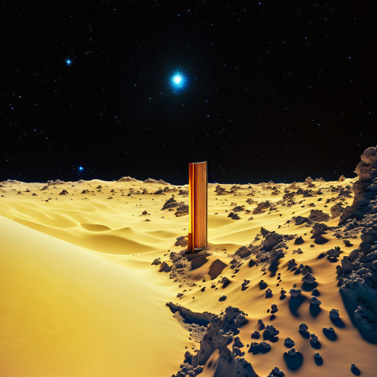 Surreal landscape with glowing monolith in desert night