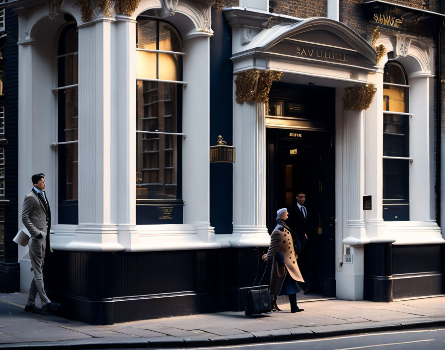 Elegant building with two individuals in smart attire