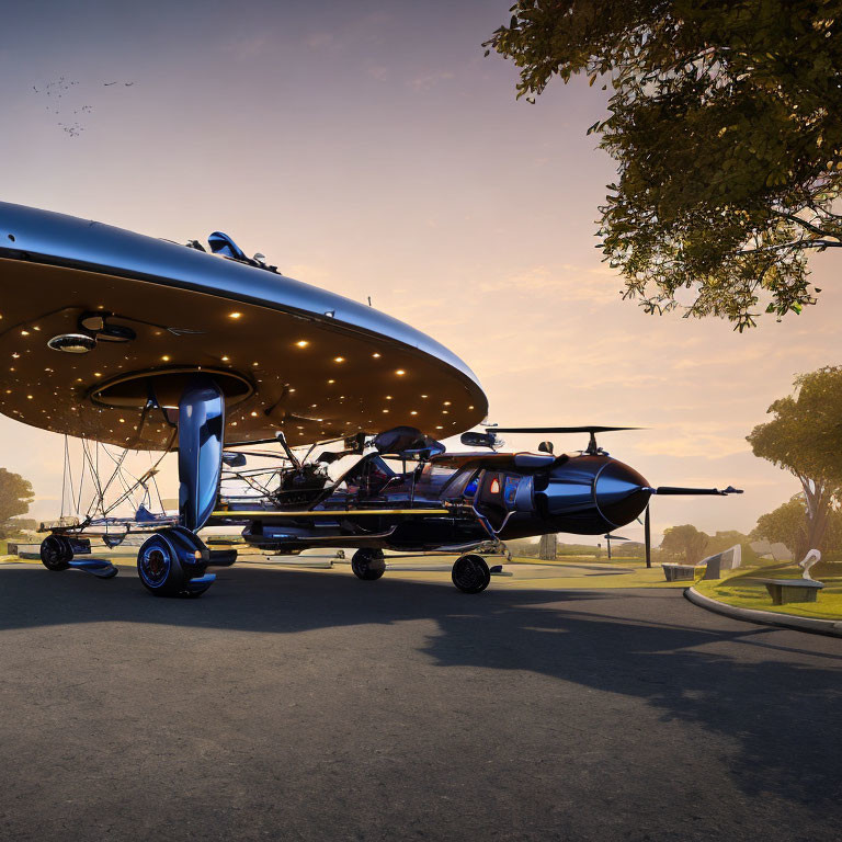 Futuristic drone taxi parked under illuminated structure at dusk