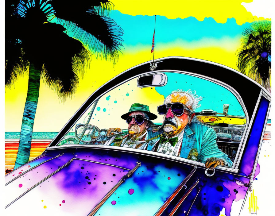 Colorful characters in vibrant car at beach with palm trees