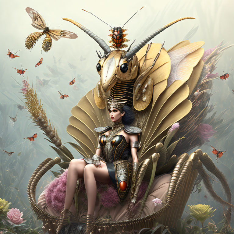 Fantasy artwork of woman in insect-themed armor on throne