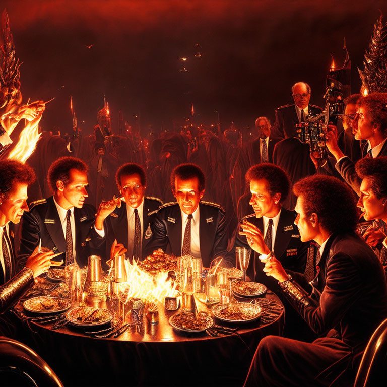 Illustration of people in suits dining by fire in fiery landscape