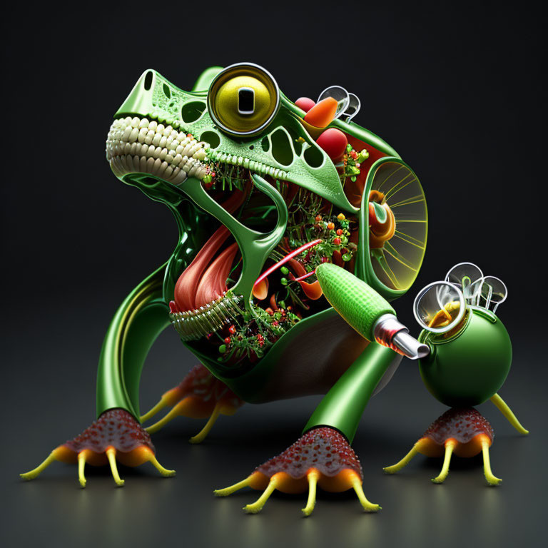 Detailed 3D illustration of mechanical frog with visible gears and plants