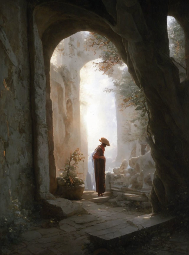 Person in historical clothing at sunlit archway entrance to tranquil forest surrounded by ancient walls.