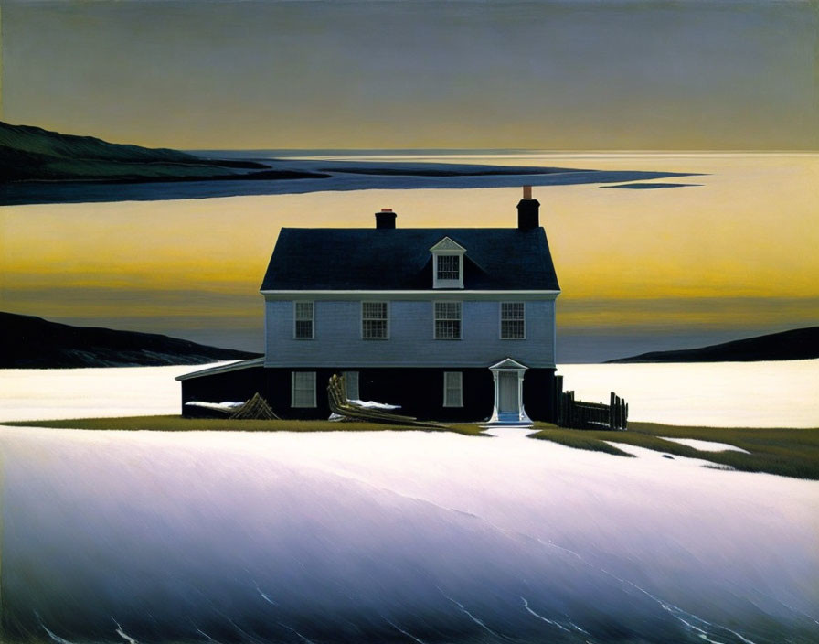 Two-story house with dark roof by still water at twilight