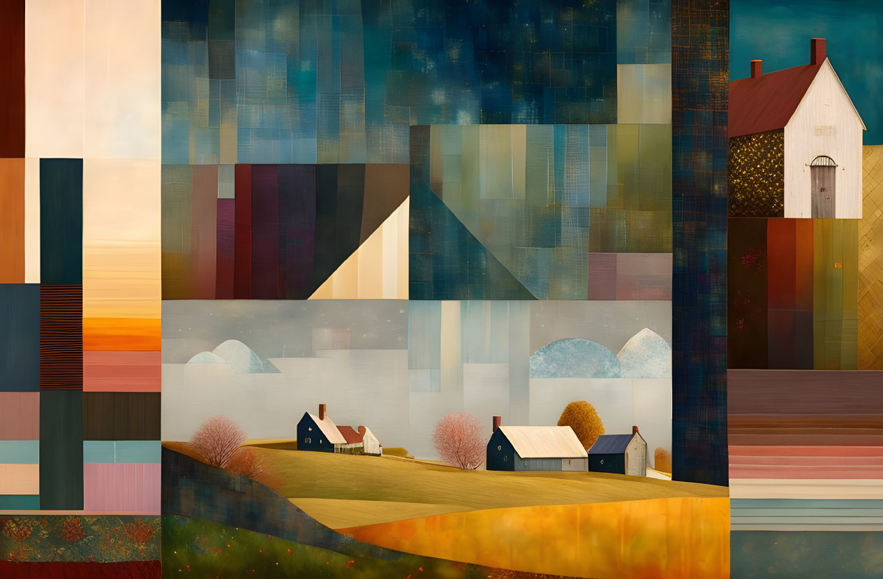 Abstract Landscape Collage with Pastoral Scenes and White House