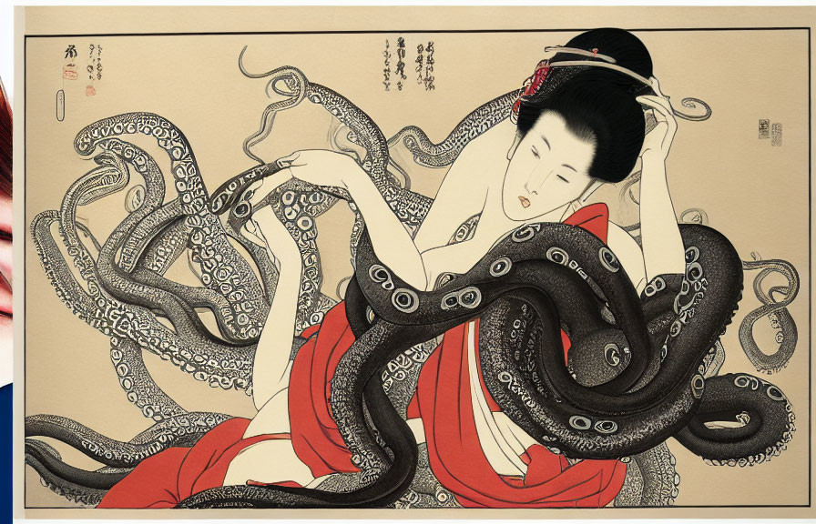 Traditional Japanese-Style Illustration of Woman with Octopus in Red