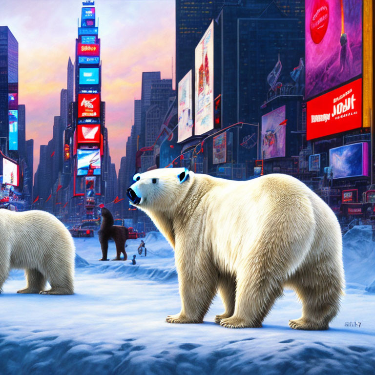 Snow-covered Times Square with Polar Bears and Colorful Billboards