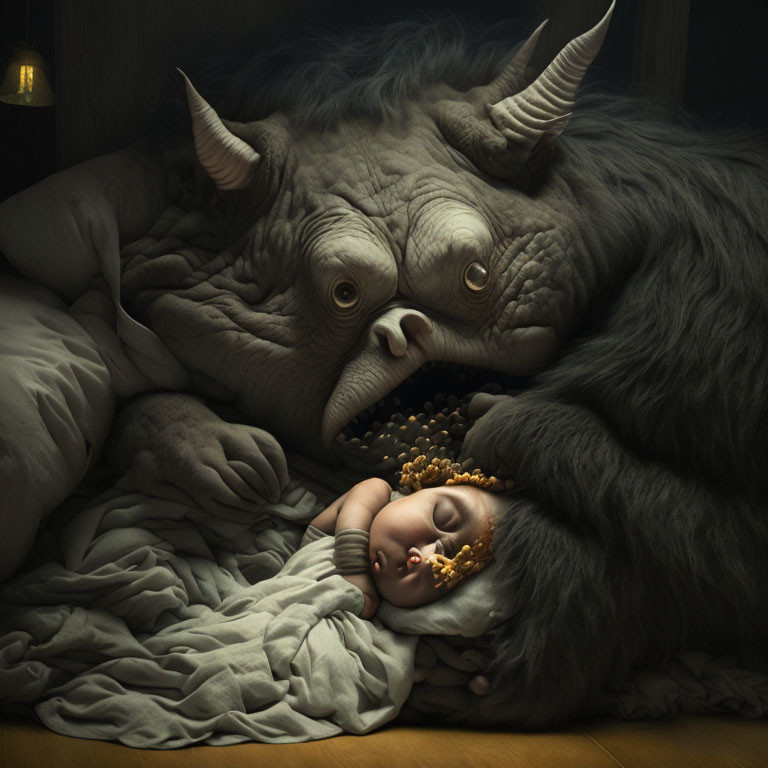 Horned creature watching over sleeping child in warm light