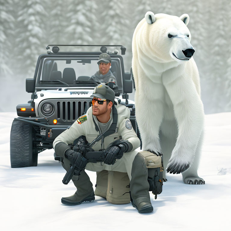 Soldiers in winter gear with jeep watching polar bear in snowy landscape