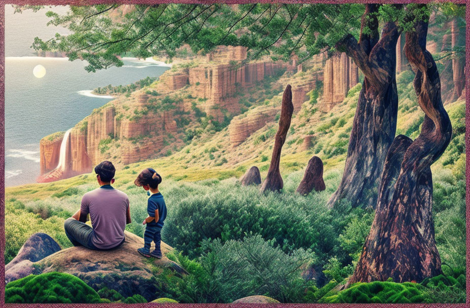 Man and child on rock by sea cliff at sunset.