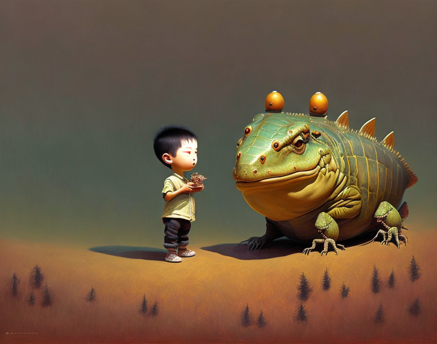 Young boy encounters friendly oversized toad-like creature in desolate landscape