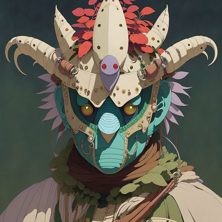 Character illustration: mask with horns, feathers, jewel, green eyes