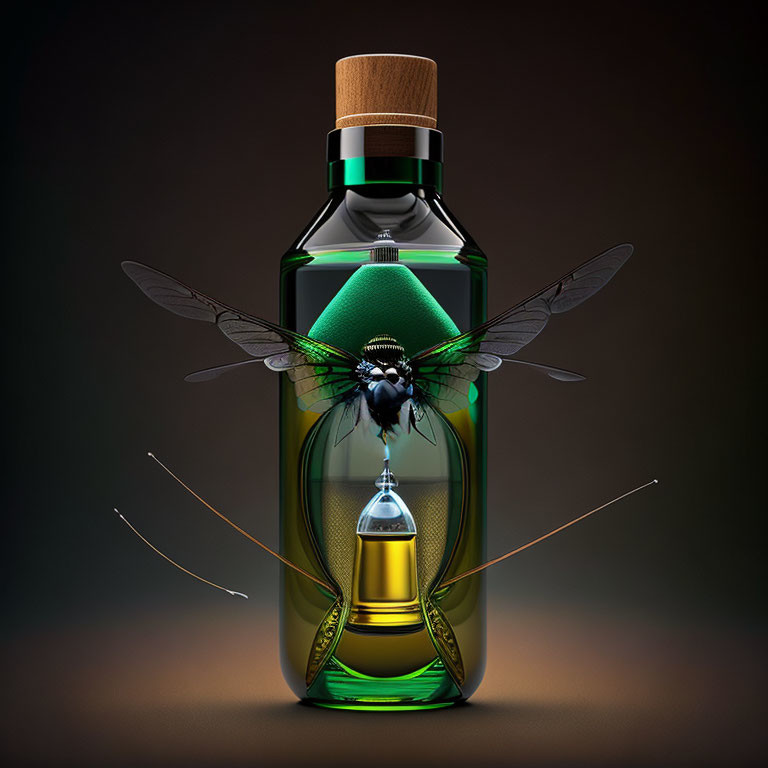 Nature-inspired bottle design with bee and dragonfly motif in digital art.