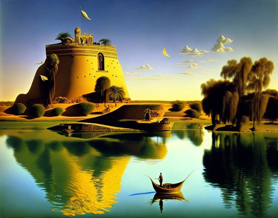 Vibrant oasis with fortress, trees, and moons reflected in water.