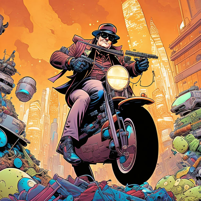 Futuristic cityscape with character on motorcycle in vibrant orange sky