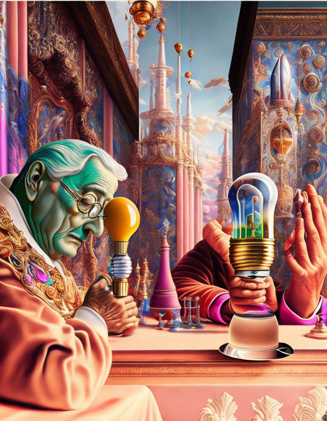 Elderly person holds light bulb with miniature city and whimsical backdrop