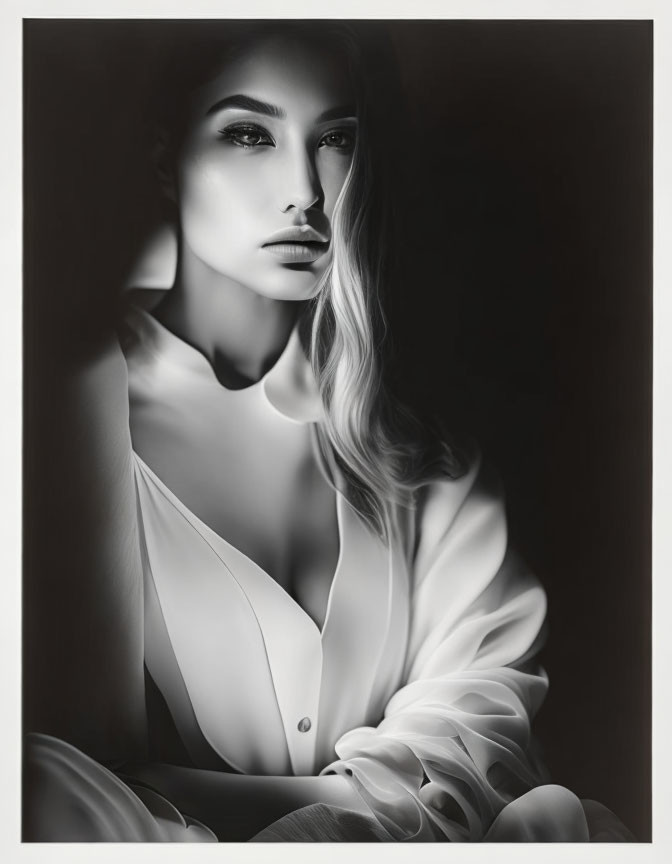 Monochromatic portrait of woman with bold makeup and intense gaze in white blouse on dark background