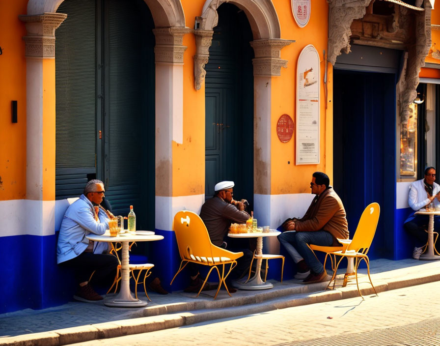 Outdoor chess game at colorful street tables